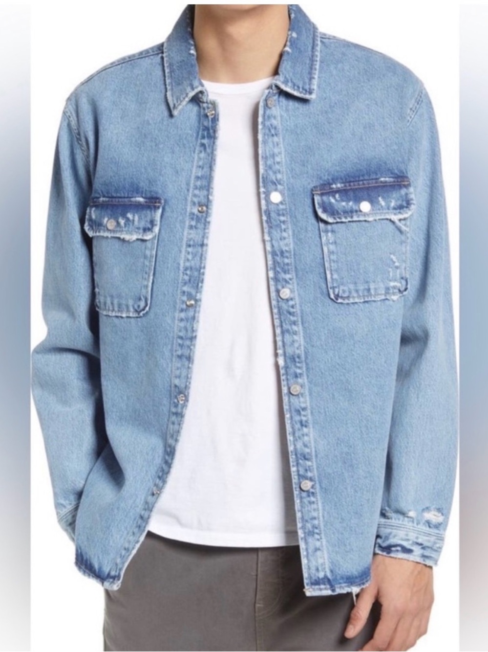 Frame Denim Light Blue Distressed Denim Shirt Jacket, Relaxed Fit, Unisex - Picture 3 of 13